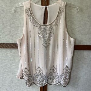 Beaded Sequins Pearls Art Deco 1920s Style Sheer Open Back Sleeveless Top